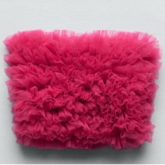 ZARA Dark Fuschia Pink Layered Ruffle Tulle Strapless Crop Tube Top - Picture 7 of 12